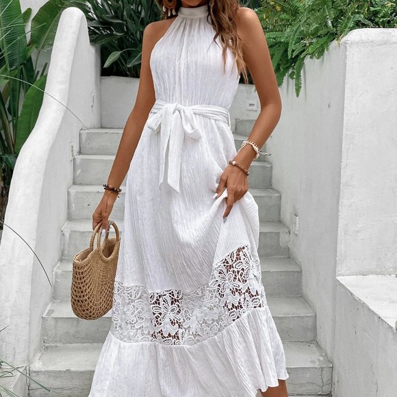 White Boho Womens Contrast Guipure Lace Layered Hem Belted Halter Dress - Picture 5 of 5
